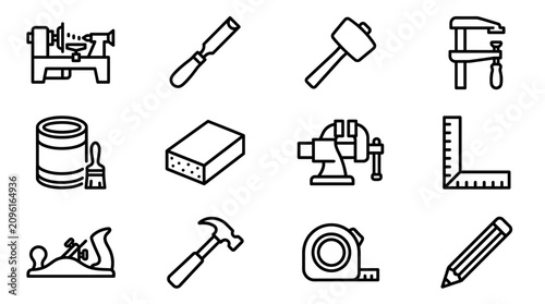 Obraz na płótnie Woodworking Tools Icons Set: Lathe, Chisel, Hammer, Clamp, Paint Can, Sanding Bl