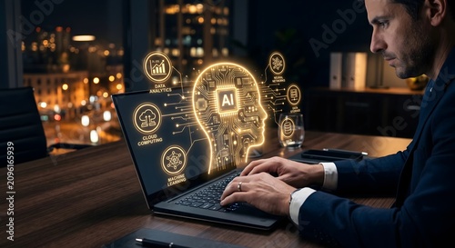 Businessman Working on Laptop with Glowing AI and Big Data Analytics Hologram Interface in Corporate Office at Night