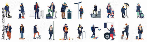 Canvastavla Collection of flat illustrations showing diverse news reporters and journalists in winter clothing reporting from various outdoor locations with professional equipment