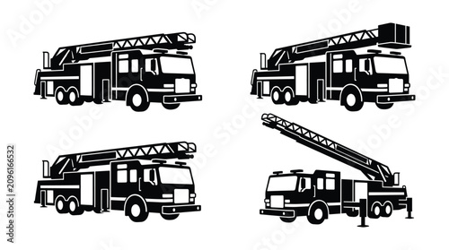 Set of black and white fire truck icons with ladders in different positions for emergency design