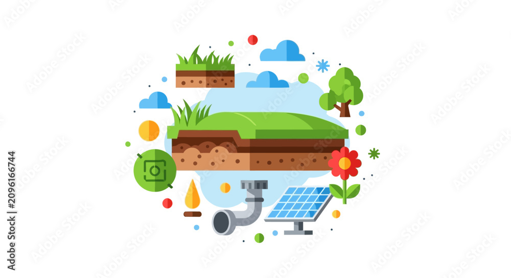 Naklejka premium Sustainable Ecology and Renewable Energy Concept Illustration with Solar Panel, Soil Layers, and Green Infrastructure for Environmental Conservation and Eco-Friendly Technology
