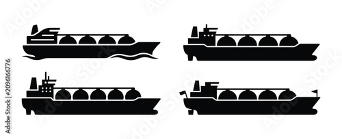 Set of black silhouette icons of liquefied natural gas carrier ships on a flat design style