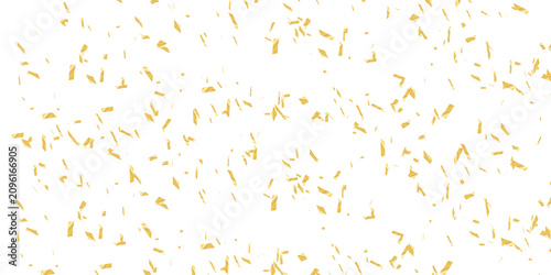Foto Sparkling golden confetti rain combined with swirling streamers on a pure white