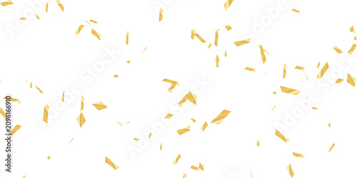 Fotografi Sparkling golden confetti rain combined with swirling streamers on a pure white