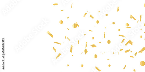Obraz na plátne Sparkling golden confetti rain combined with swirling streamers on a pure white