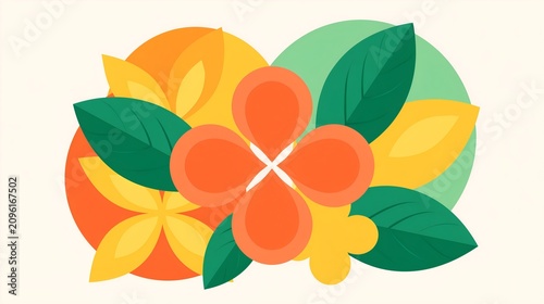 Vibrant floral design with orange and yellow blossoms. Green leaves frame the colorful arrangement