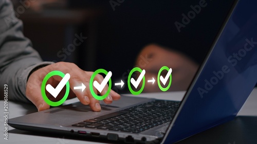 Business checklist workflow project task management concept. Project tracking, certification, compliance verification.
