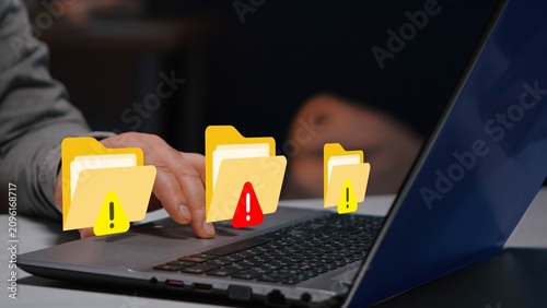 Data threat person using keyboard, system risk, , cyber alerts, file security issues, online protection,
