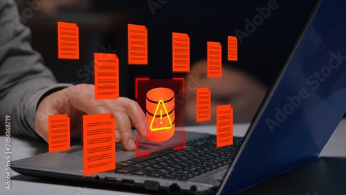 Data breach or information leak due to insider threats or unauthorized access. Confidential files and warning triangle icons.
