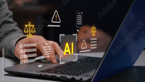 Artificial intelligence and law concept. AI regulation, policy, ethics, and legal risk. 