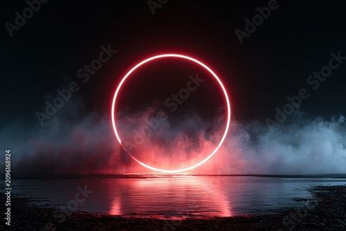 Neon red ring glowing over water in a foggy night landscape with sharp focus for cyberpunk branding and music cover design
