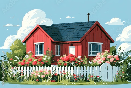 Red wooden cottage nestled in a blooming flower garden behind a white picket fence in a sharp focus sunny shot for real estate marketing