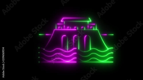 Animated neon dam structure with flowing water in vibrant pink and green neon lights against a dark background, seamless loop