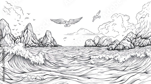 Detailed black and white line art of a rocky seascape with birds and crashing waves