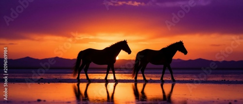 Silhouette of two majestic horses walking across a reflective salt flat at sunset