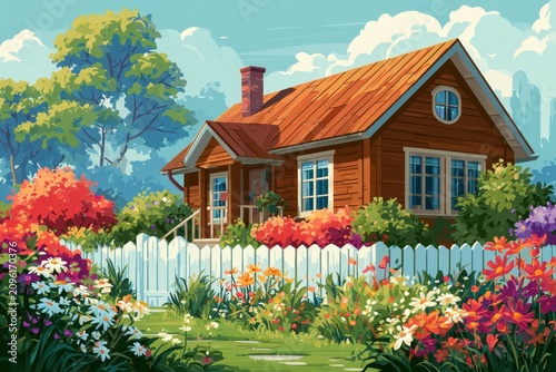 Wooden cottage standing behind a white picket fence in a lush flower garden with sharp focus for real estate marketing and travel advertising