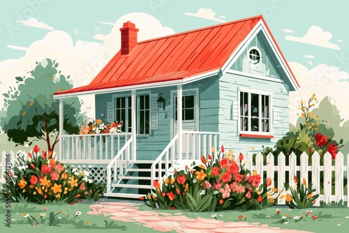 Charming suburban cottage surrounded by colorful spring flowers and a white picket fence in a bright daylight shot for real estate marketing