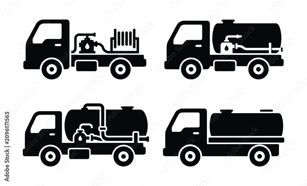 Fototapeta premium Set of black tanker truck icons with water tanks and pumping equipment for industrial transport