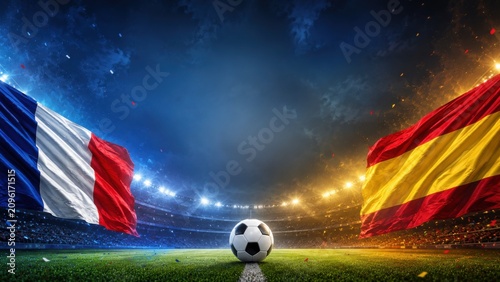 France vs Spain Football Semifinal Match Concept with National Flags and Soccer Ball in Stadium at Night