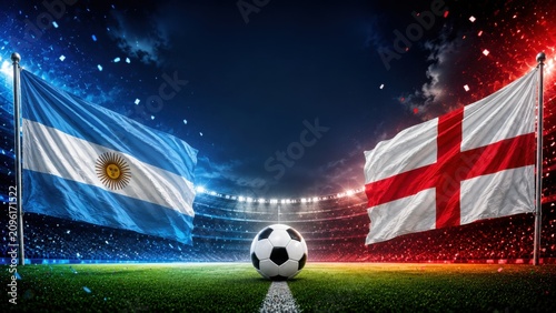 football semifinal match concept featuring Argentina and England with smooth waving national flags in a modern stadium at night