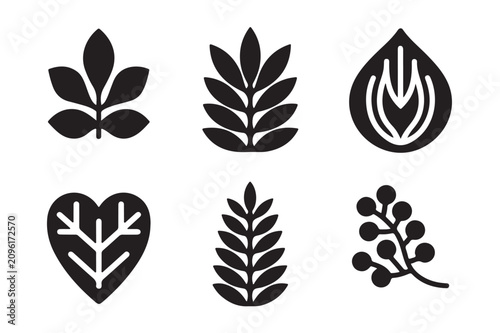 Collection of stylized black and white botanical leaf icons illustration on a white background