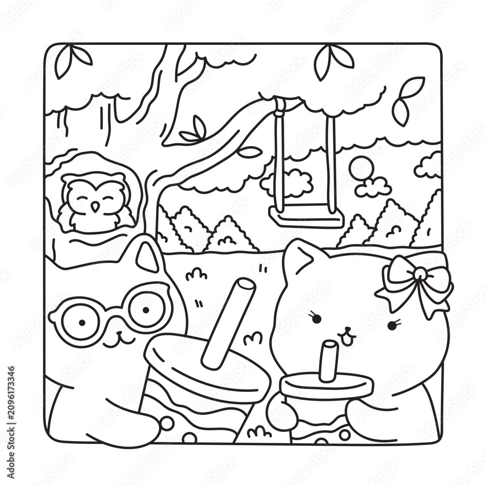 Obraz premium Two cheerful kittens take a break under a shady tree while sipping colorful bubble tea. With an owl resting nearby and an empty swing gently hanging from a branch.