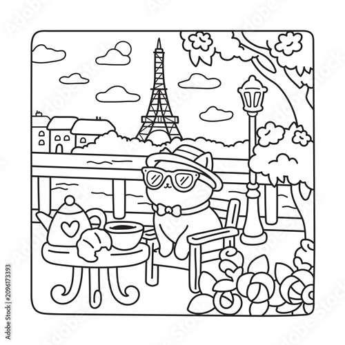 Stylish kitten enjoys a peaceful coffee break at a Parisian sidewalk cafe with the Eiffel Tower rising in the background. Charming black and white coloring page.