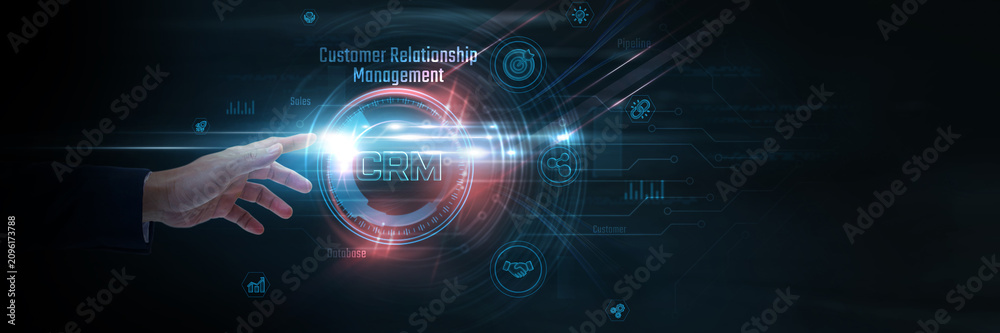 Obraz premium Touching CRM and customer relationship data, client management, sales automation, customer engagement, business analytics, revenue growth.