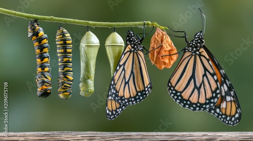 Monarch caterpillar and butterfly stages on thin branch.