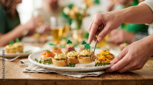 Setting up savory miniature tarts and green snacks on a platter for a lively St. Patrick's Day pub party.