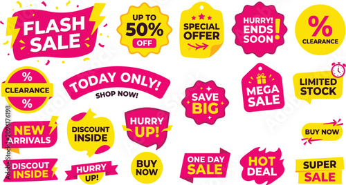 Pink flash sale labels and yellow discount badges vector