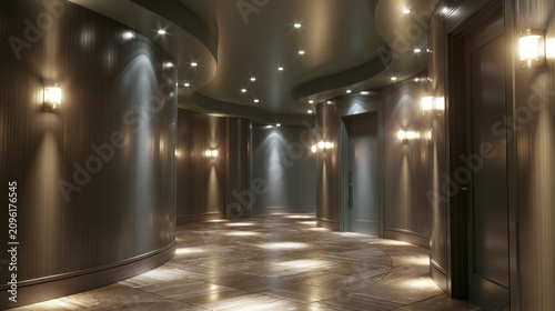 Moody dark hallway featuring spotlight wall sconces.