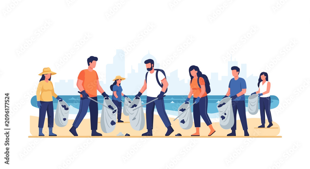 Obraz premium Community Volunteers Cleaning Up Beach Trash and Plastic Waste, Flat Vector Illustration of Environmental Protection and Ocean Conservation Initiative