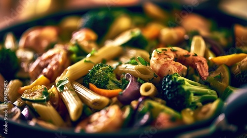 Moody lighting on shrimp and broccoli pasta skillet.