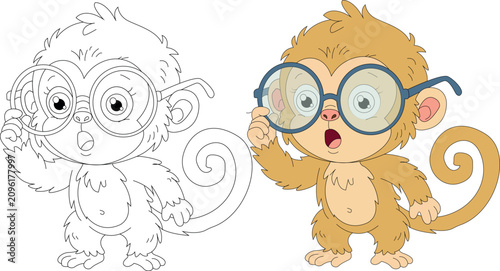 Photography Cute Baby Monkey Wearing Glasses Coloring and Colored Vector Illustration Set