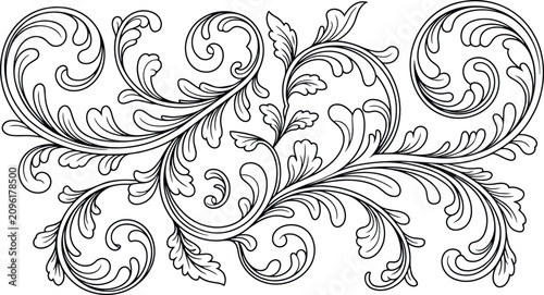 Floral scroll ornament for children coloring book page, ornate swirling leafy vines and vintage decorative foliage line art motif and classic