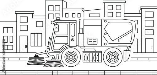 Street sweeper truck cleaning city roads, black and white coloring page for kids featuring municipal maintenance vehicle urban scene and road