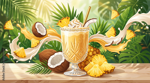 Luxury Golden Pineapple Coconut Smoothie Illustration: premium wellness beverage branding, elegant packaging design, ultra-clean vector precision, commercial stock bestseller quality.