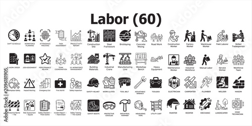 Labor icons set construction manufacturing safety and skilled trades professionals