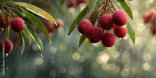 Red lychee fruits hanging from tree branches on a rainy day
