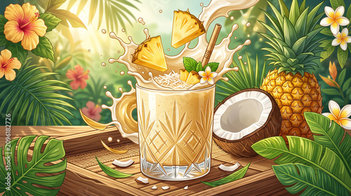 Golden pineapple-coconut smoothie in a premium crystal glass, pineapple wedges suspended in motion, coconut halves, creamy tropical splash sculptures, exotic leaves, sunlit liquid gradients.