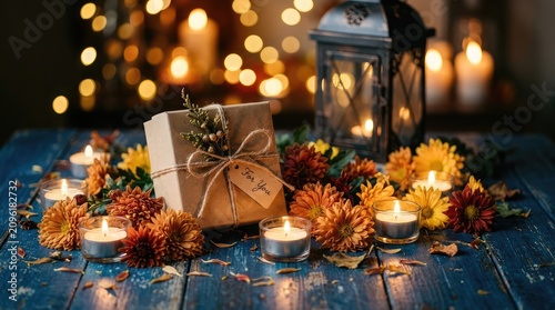 Warmly lit gift and autumn flowers a cozy celebration scene