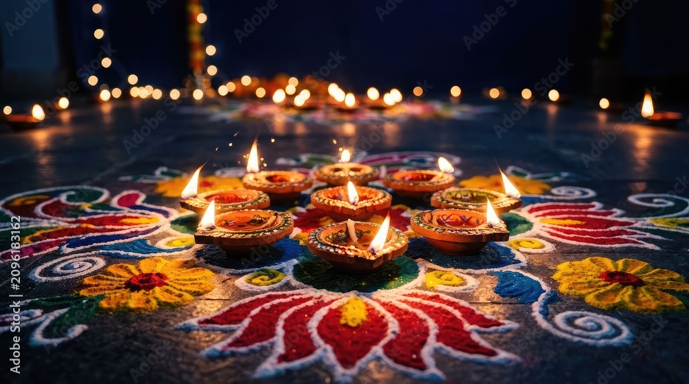 Obraz premium Diwali celebration illuminated diyas and vibrant rangoli design for festive lighting