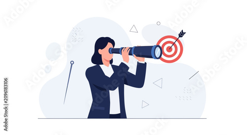 Businesswoman with telescope looking at target with arrow, symbolizing strategy, vision, and success in modern flat vector illustration.