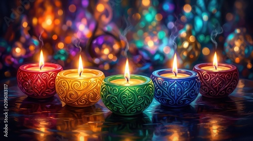 Vibrant illuminated candles with intricate designs and bokeh background