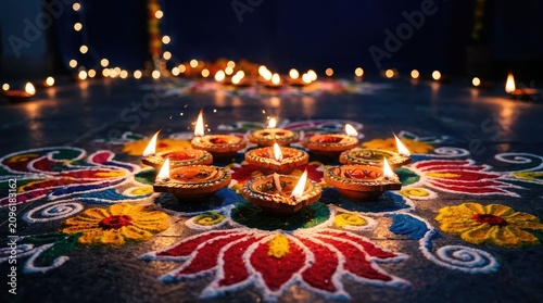 Diwali celebration illuminated diyas and vibrant rangoli design for festive lighting