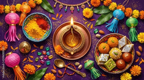 Diwali celebration traditional sweets lamps and decorations for the festival of lights