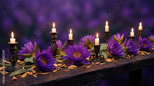 Purple lotus and candle arrangement for spa or meditation space
