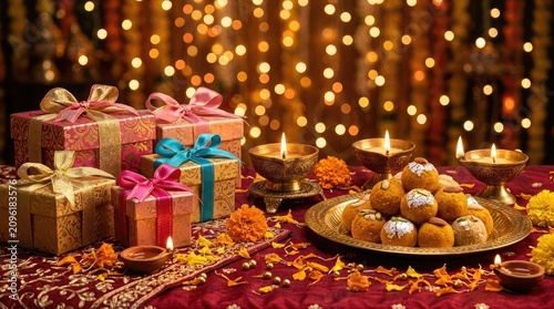 Diwali celebration gifts sweets and illuminated diyas for the festival of lights