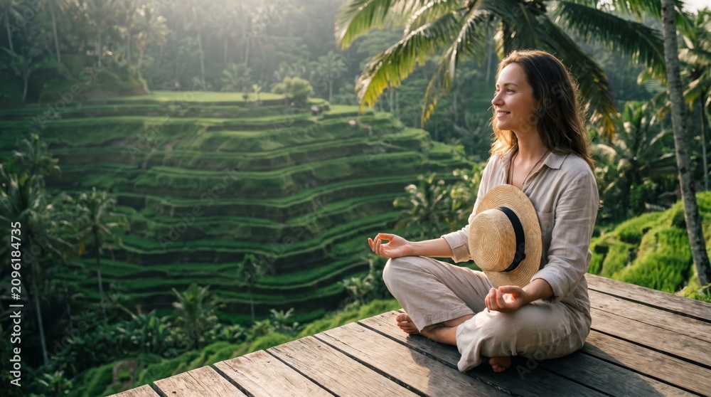 Fototapeta premium Woman sitting in meditation pose overlooking Tegallalang Rice Terrace in Bali